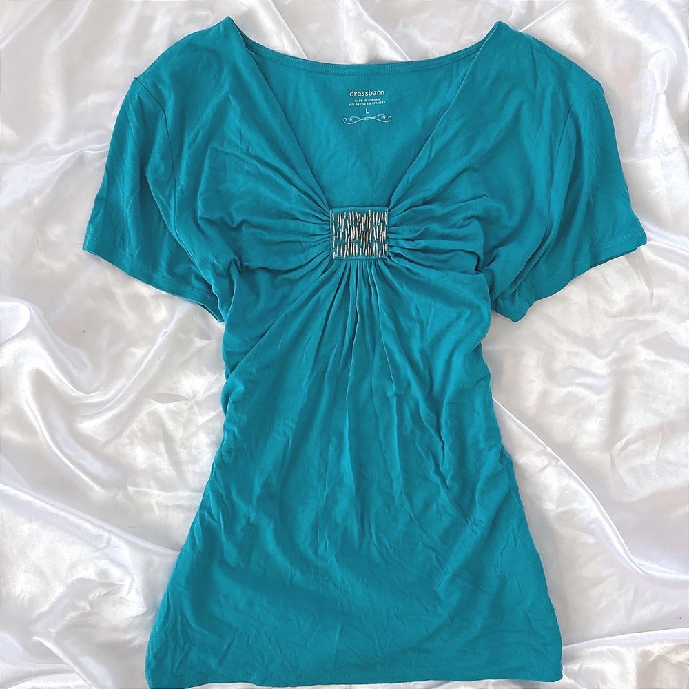 Dressbarn Womens Large Teal V-Neck Beaded Ruched Short Sleeve Top Shirt